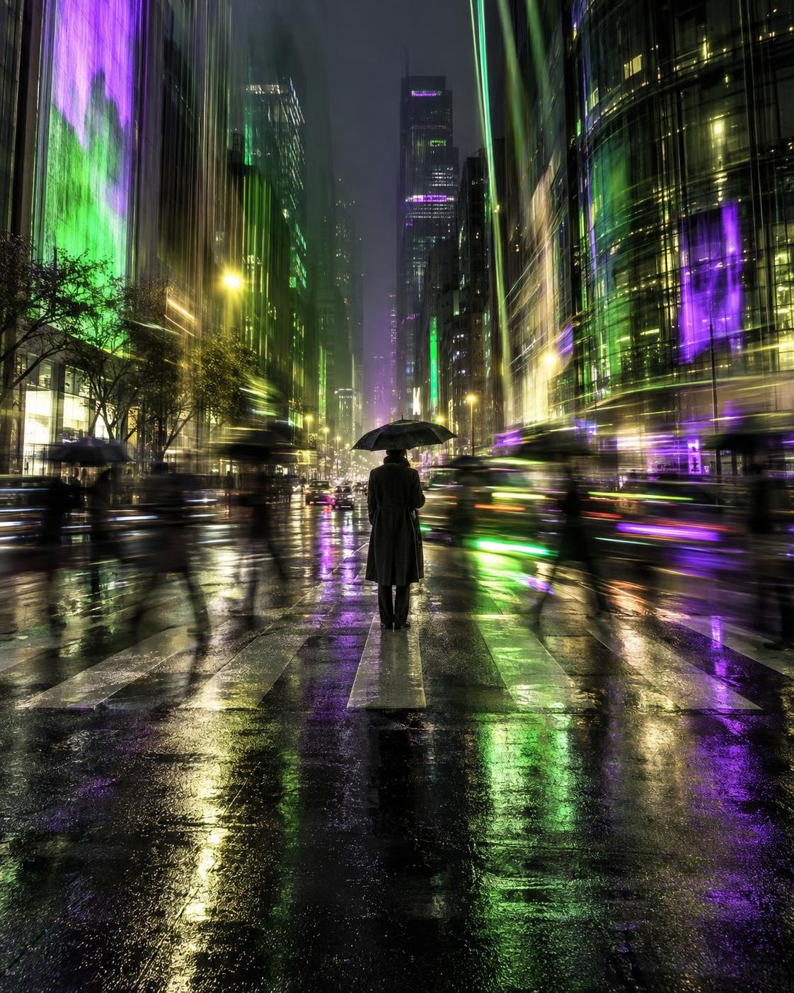 One rainy crossing, one figure standing still, four color grades. Everyone else turns… · 图片 2