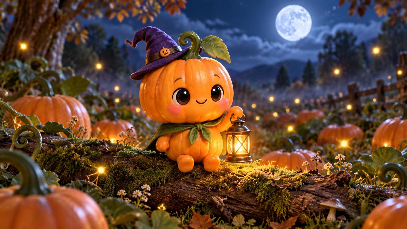 One pumpkin sprite, four sheets: turnaround, expressions, outfits, and a moonlit… · 图片 4