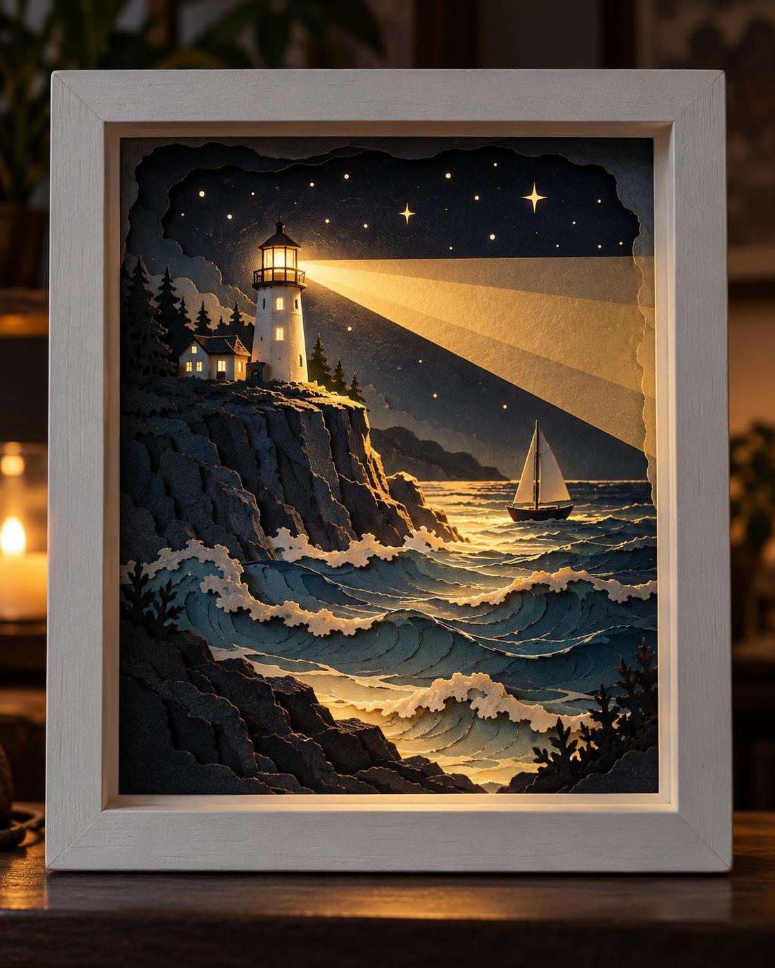 Layers of cut paper, one warm light behind them. · 图片 2