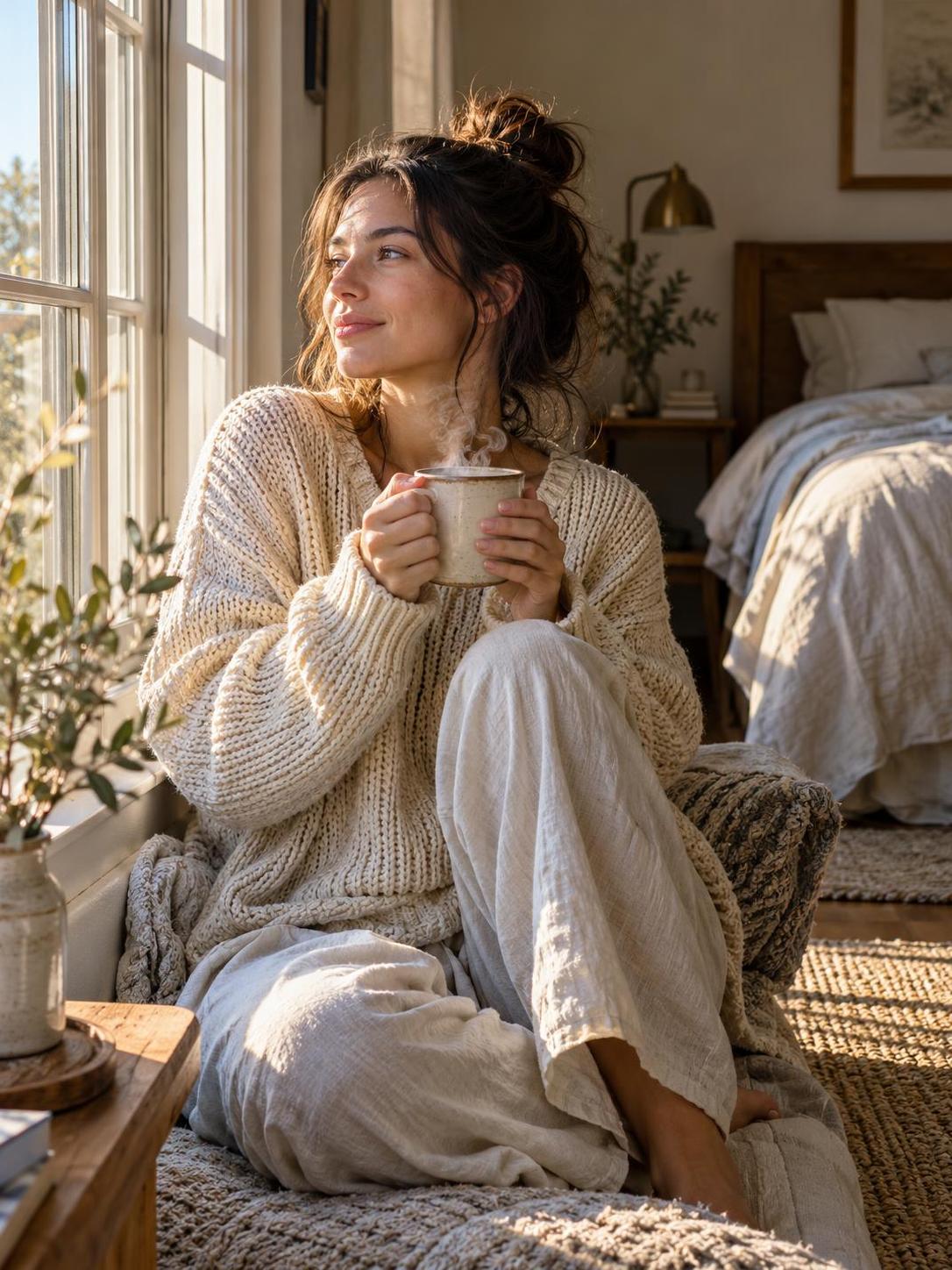Slow morning, big sweater, tea going cold by the window. · 图片 1