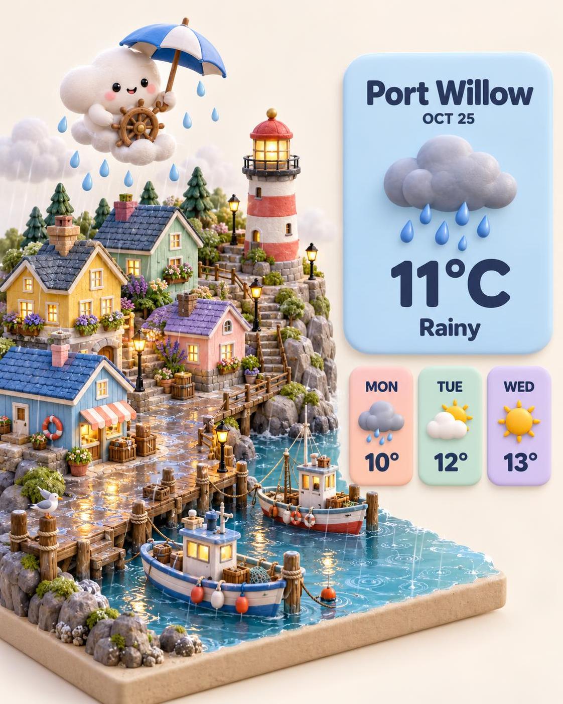 Type a town name, get a clay-toy weather card. ยท ๅพ็ 2