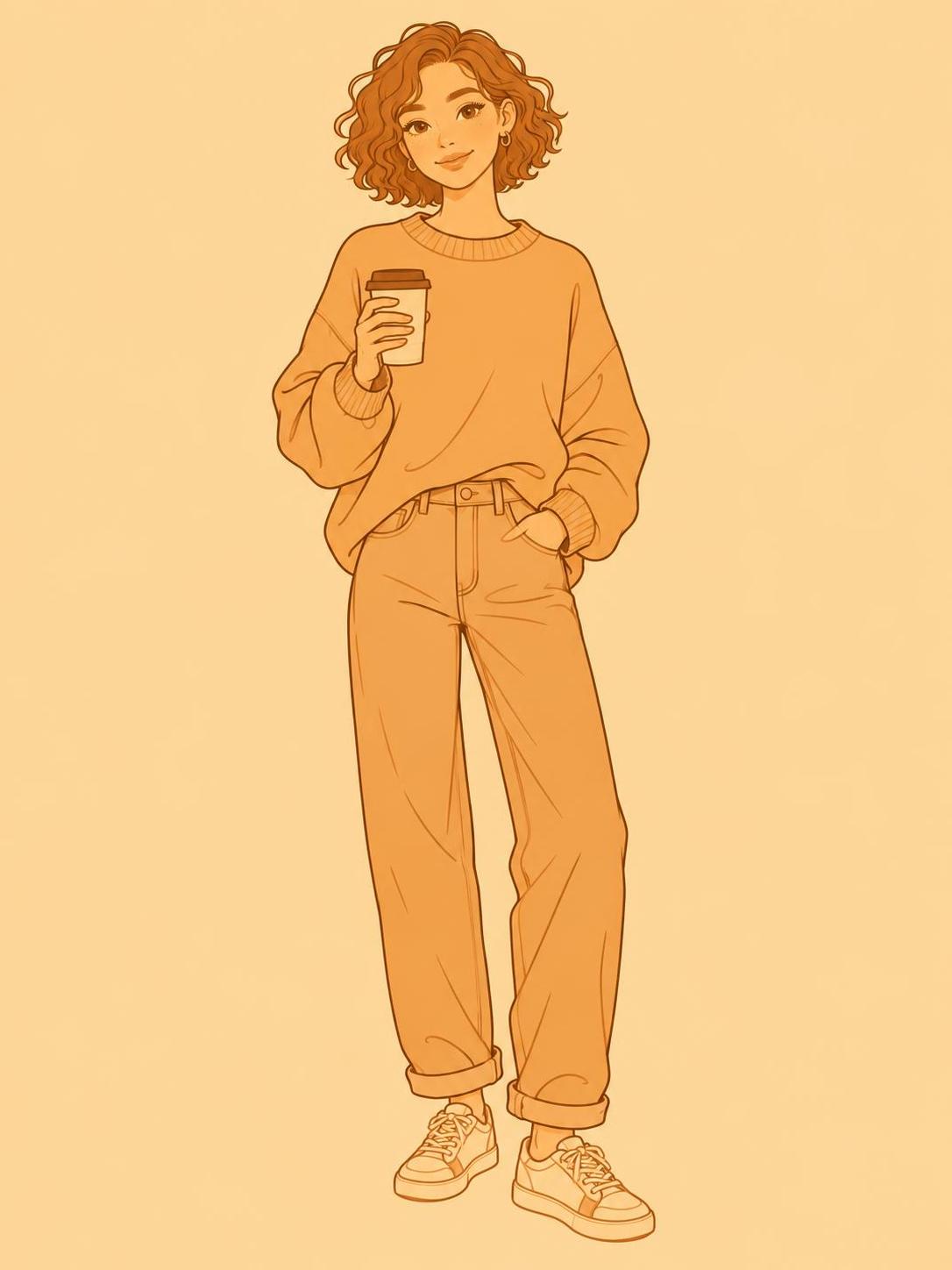 Three people, three ages, one ochre color. That single color ties the whole cast together. · 图片 1