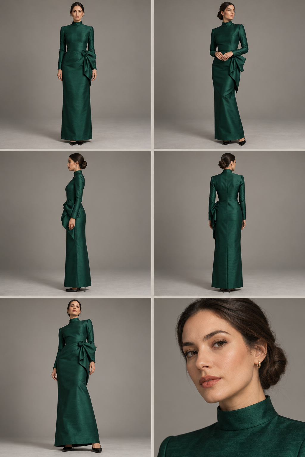 Anchor the lookbook in a six-view grid, then bring the emerald gown closer. · 图片 1
