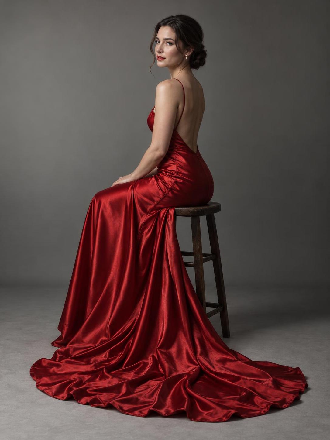 Grey backdrop, grey floor, one red gown. · 图片 1