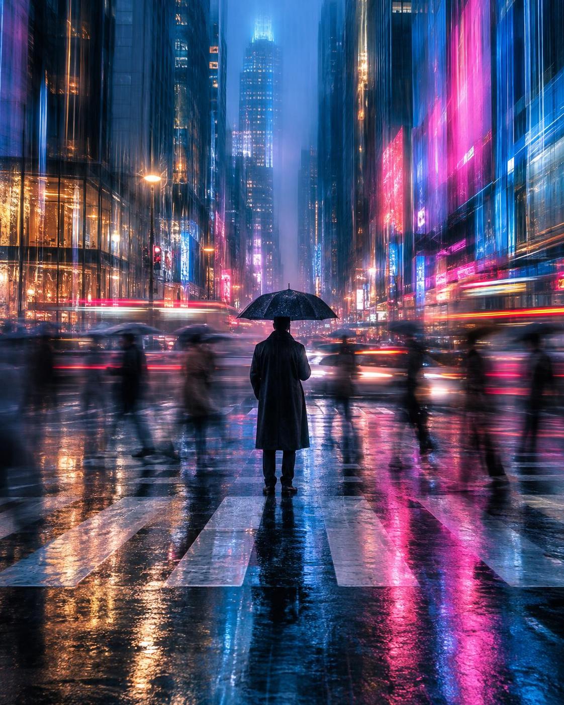 One rainy crossing, one figure standing still, four color grades. Everyone else turns… · 图片 1