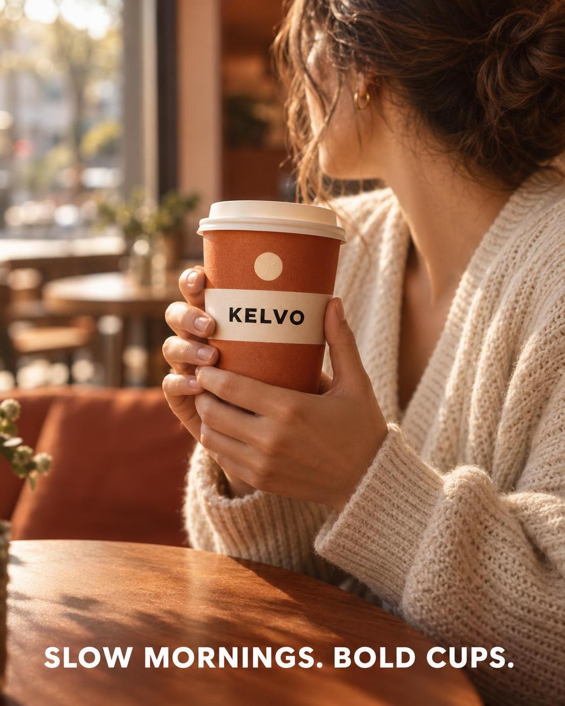 Four ad stills, one invented coffee brand. Same name, same tagline, same palette in… · 图片 1