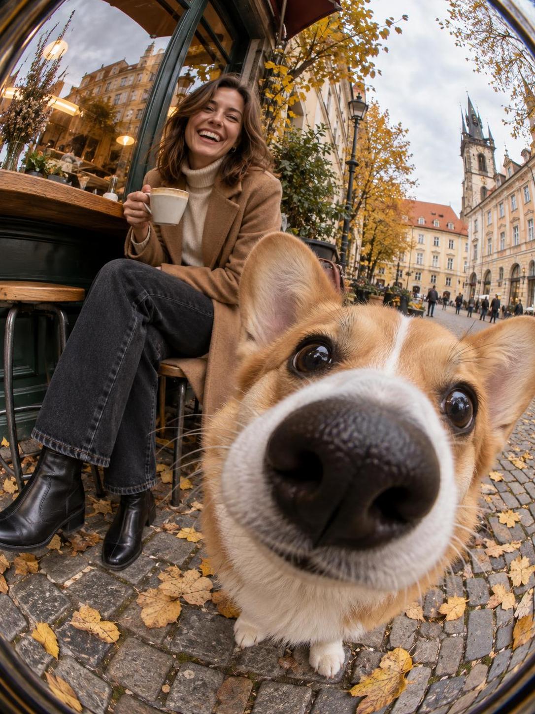 Add one line to a street portrait: "extreme fisheye lens." · 图片 1