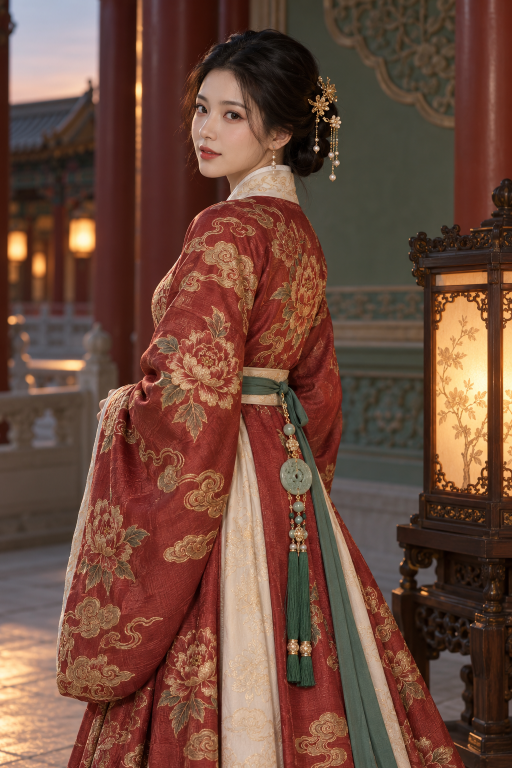 Ivory silk, peony brocade, jade at the waist. · 图片 1