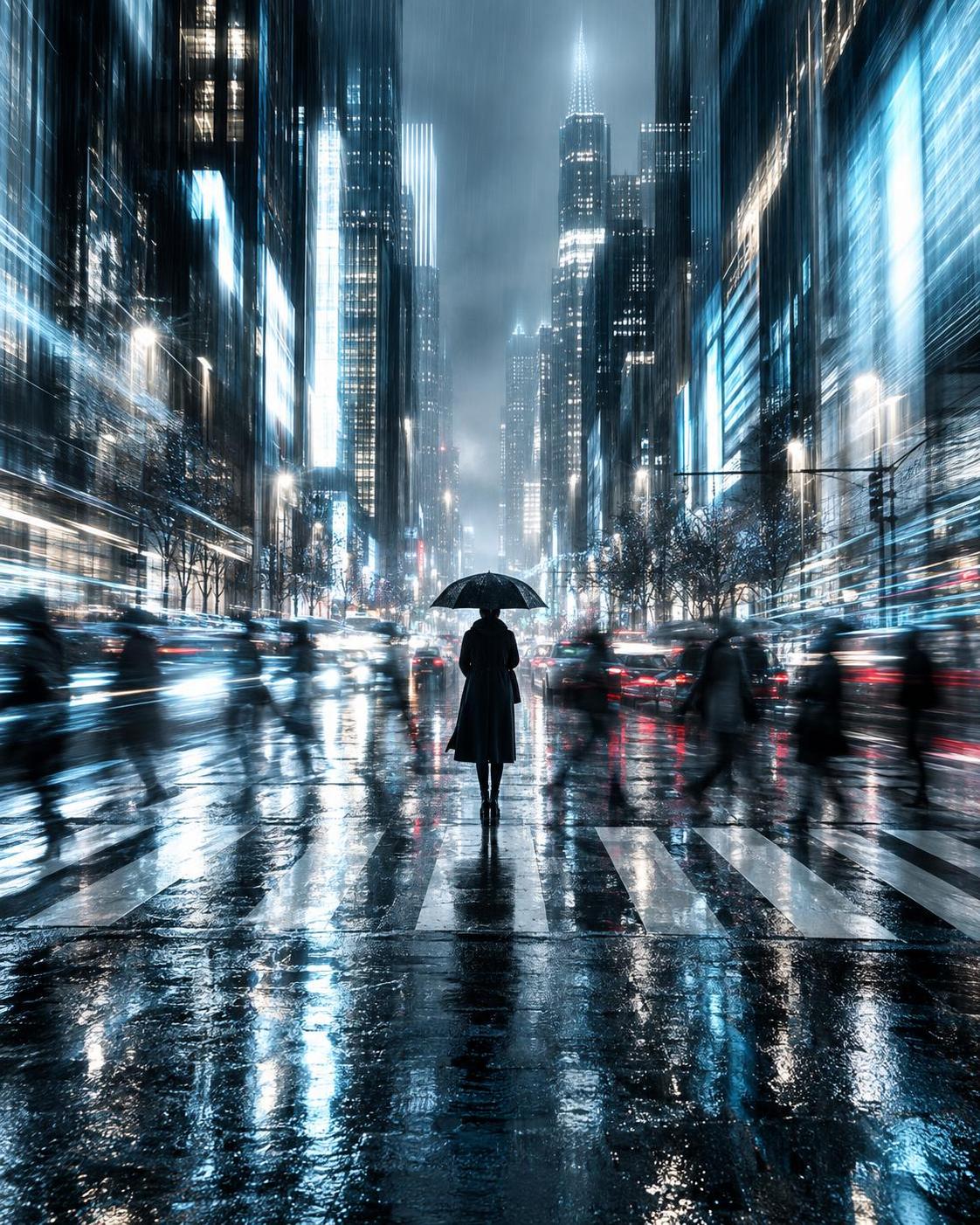 One rainy crossing, one figure standing still, four color grades. Everyone else turns… · 图片 4