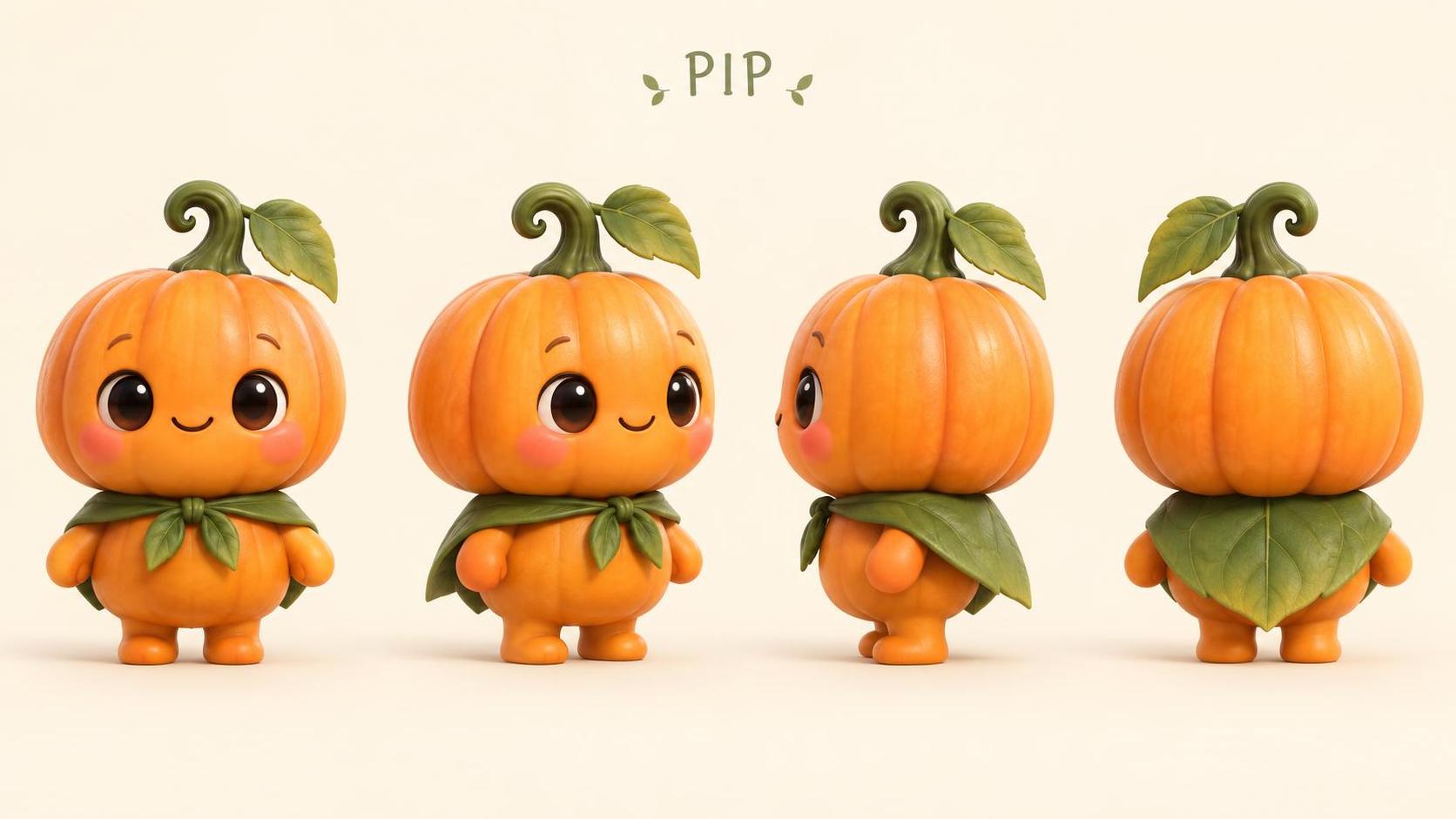 One pumpkin sprite, four sheets: turnaround, expressions, outfits, and a moonlit… · 图片 1