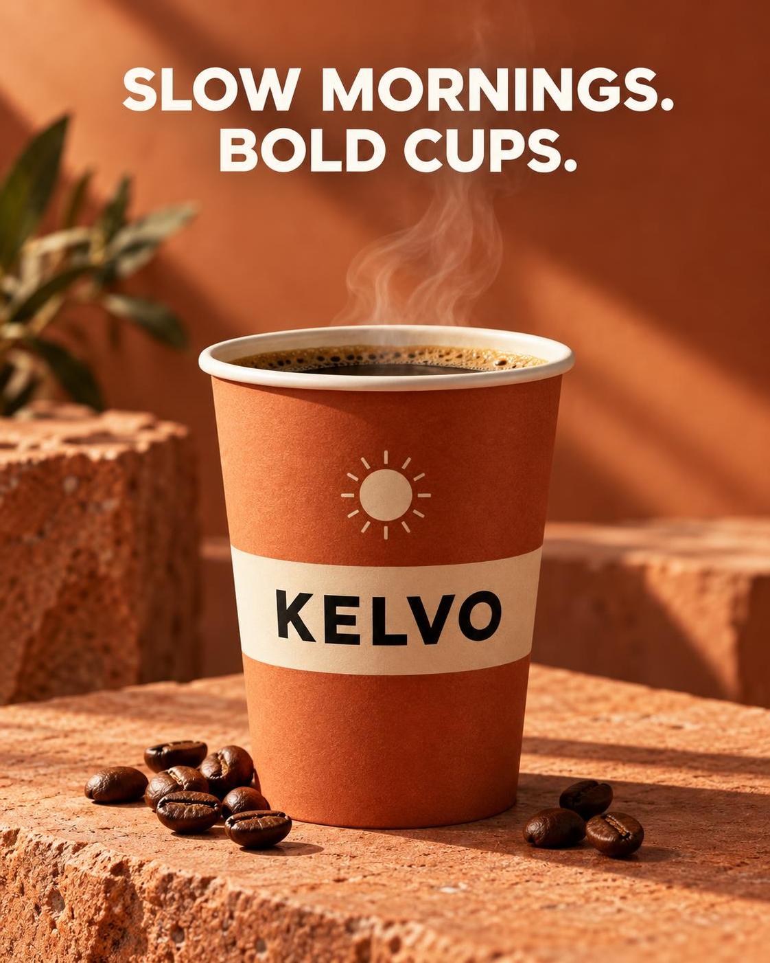 Four ad stills, one invented coffee brand. Same name, same tagline, same palette in… · 图片 2