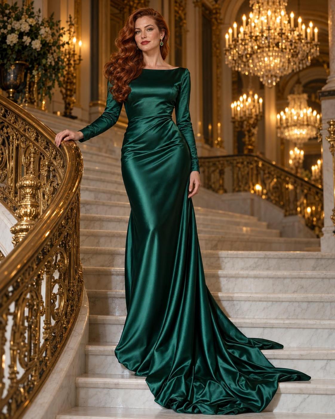 Emerald satin, copper waves, and a red lip that never needs a touch-up. ยท ๅพ็ 1