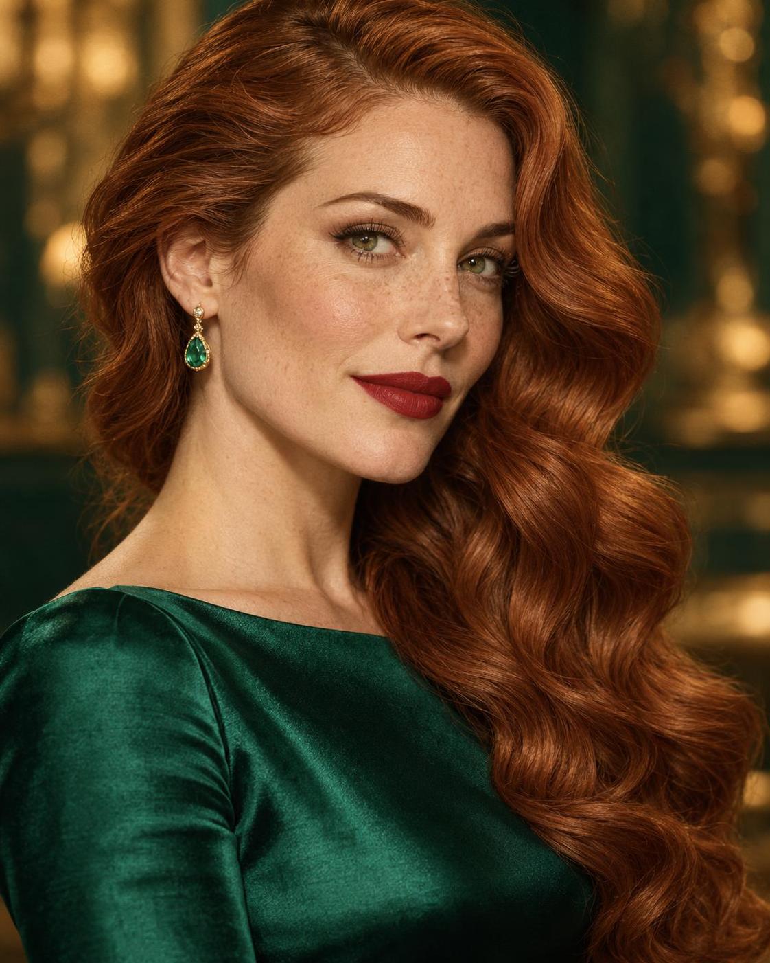Emerald satin, copper waves, and a red lip that never needs a touch-up. ยท ๅพ็ 4