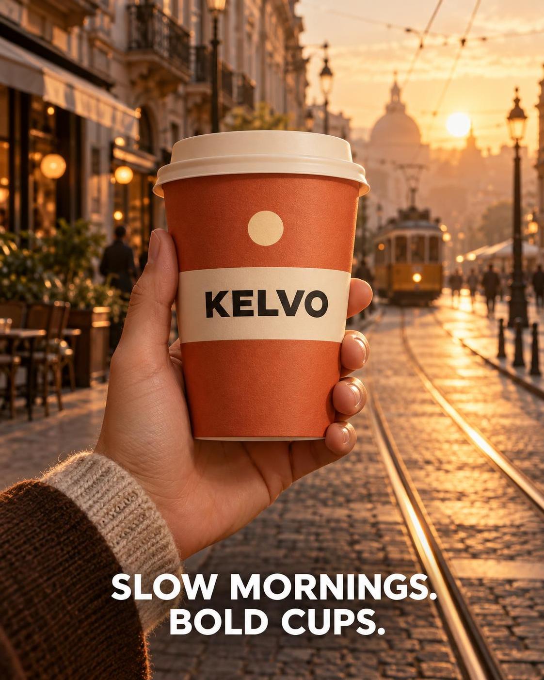 Four ad stills, one invented coffee brand. Same name, same tagline, same palette in… · 图片 3