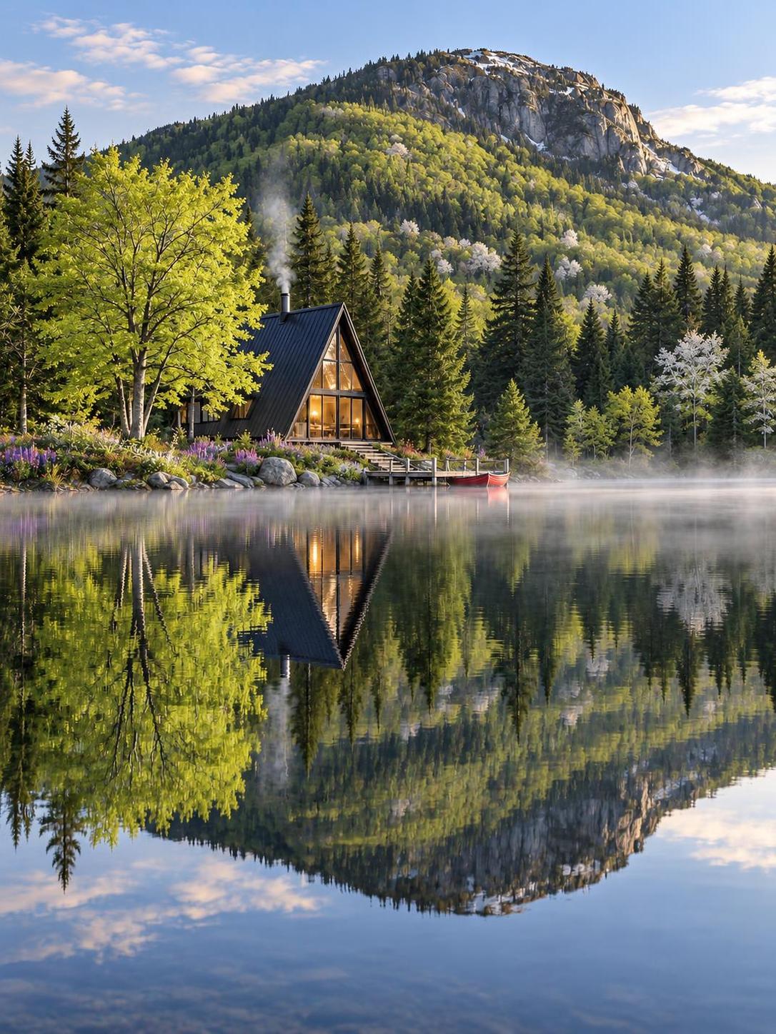 Same cabin, same dock, same red rowboat. · 图片 1