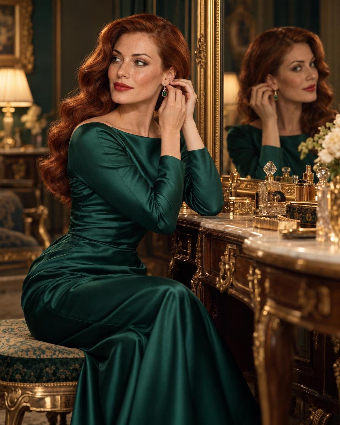Emerald satin, copper waves, and a red lip that never needs a touch-up. ยท ๅพ็ 2