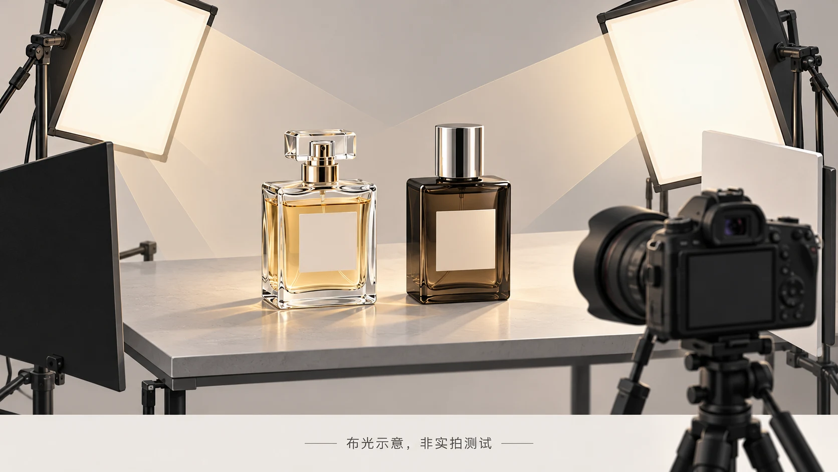 AI生成的主题示意图:香水商品摄影:透明瓶、金属瓶盖与标签的拍摄指南