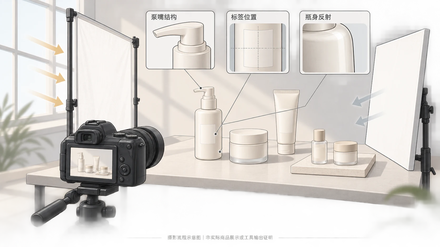 AI生成的主题示意图:护肤品摄影指南:从实拍参考到后期验收